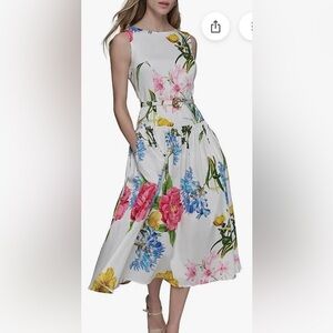 Karl Lagerfeld White Cotton Dress With Floral Print And Matching Belt Size 8